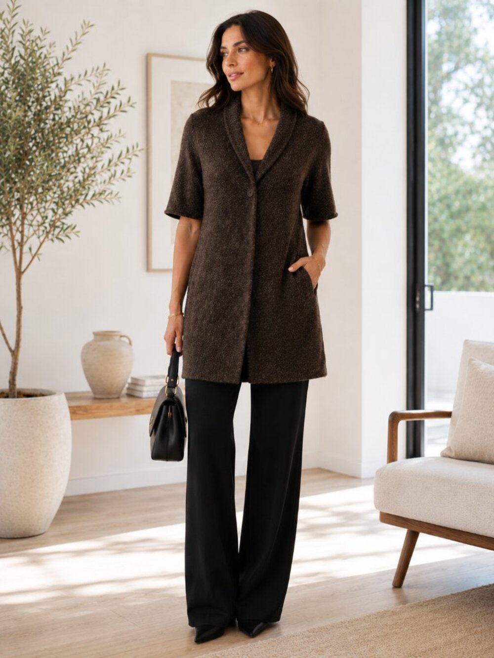 Eileen Fisher Italian Merino Wool Longline Sweater Cardigan Brown Heathered